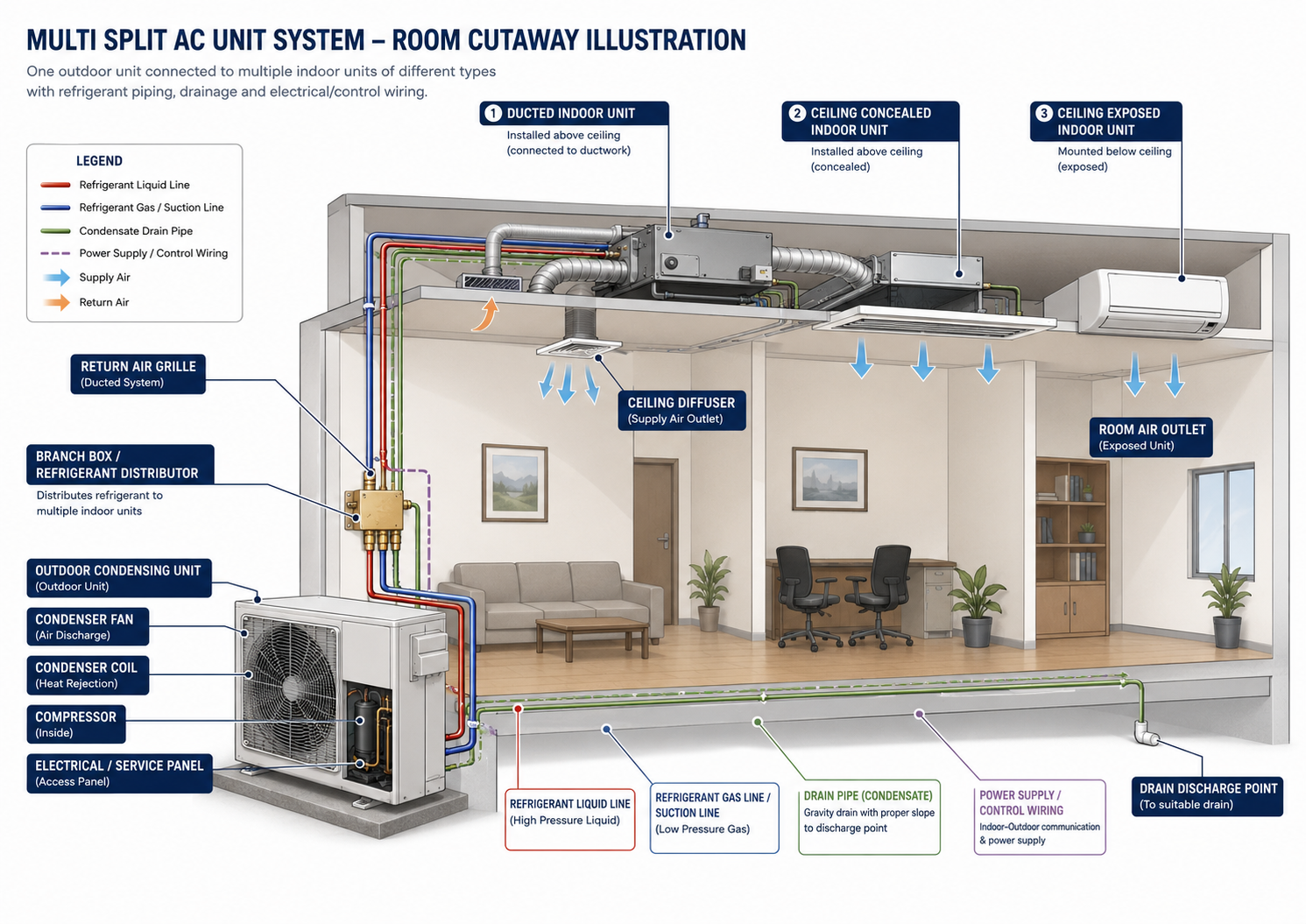 HVAC/R training system diagram for multiple split air-conditioning