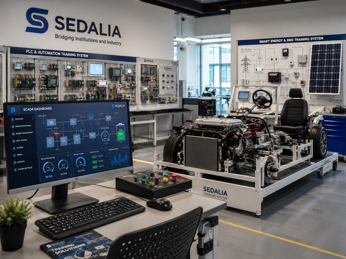Modern Malaysian technical training lab with PLC SCADA screen, automotive trainer, smart energy panel and Sedalia branding