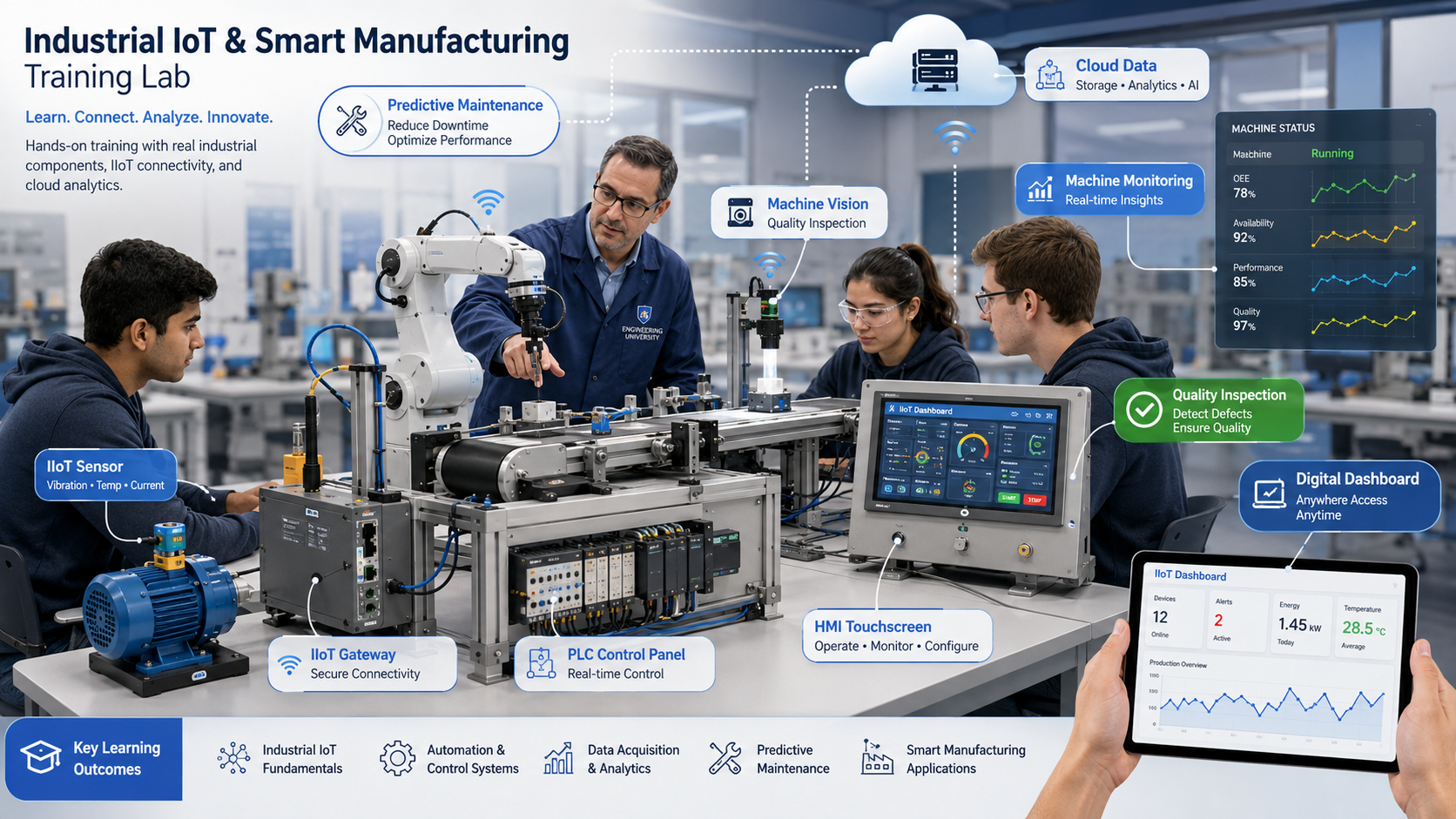 Students learning from industrial IoT and smart manufacturing training system