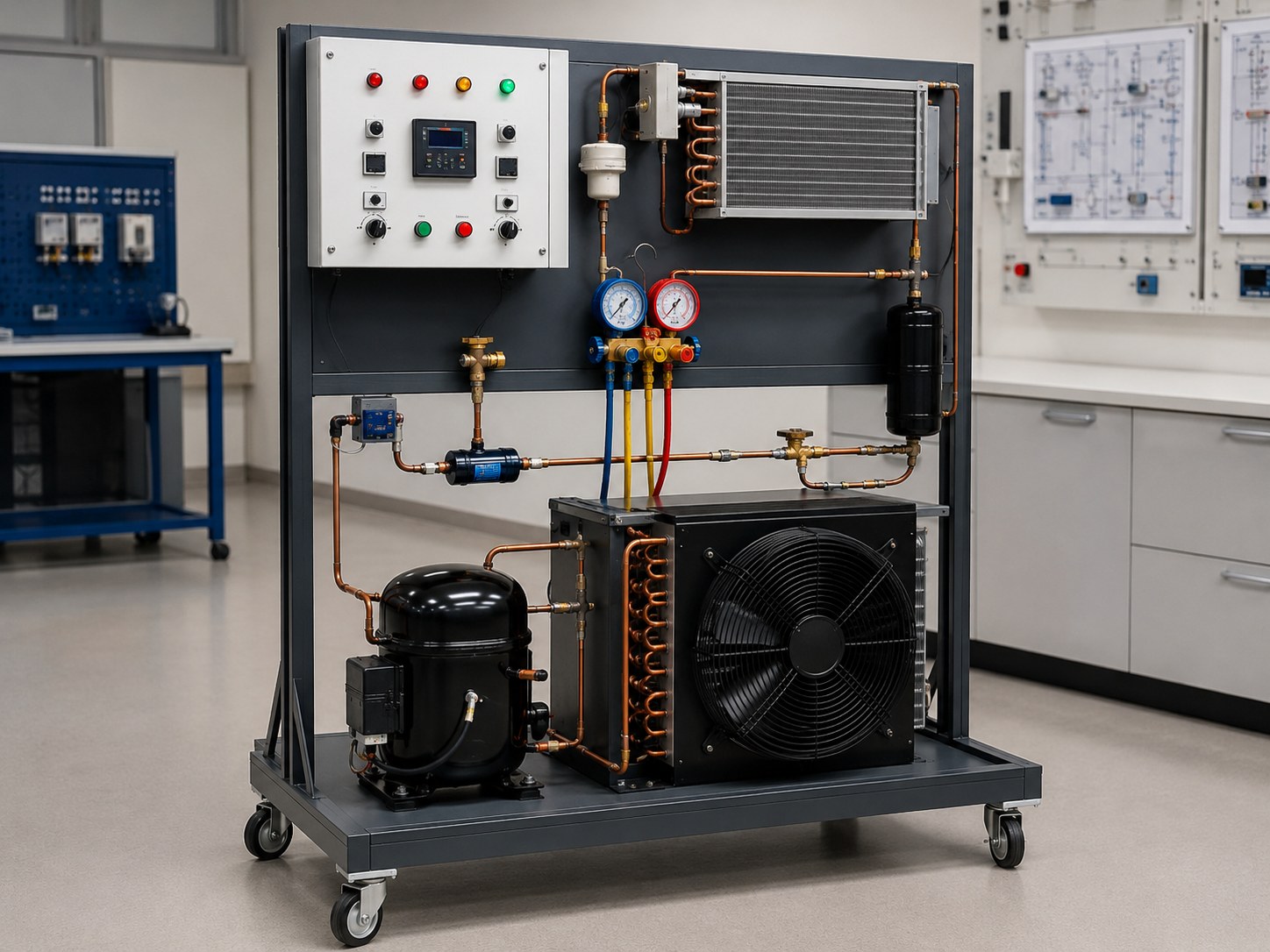 Photorealistic refrigeration system trainer with compressor, condenser, gauges and control panel