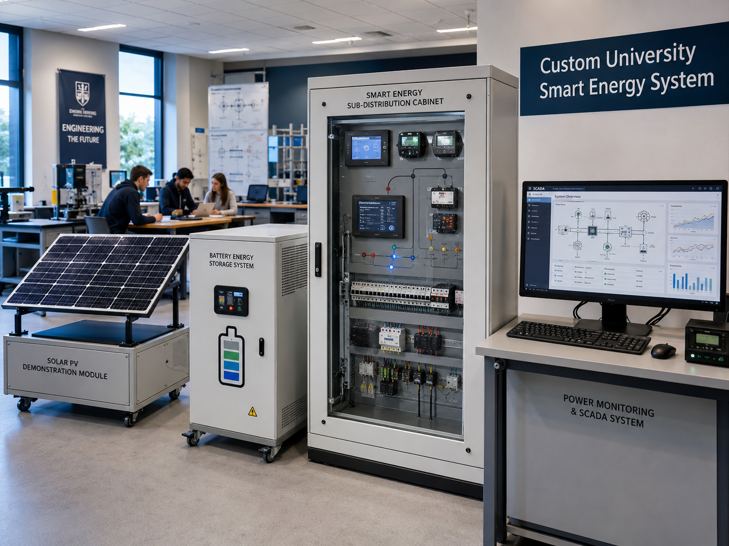 University smart energy training lab with solar PV, cabinet and dashboard